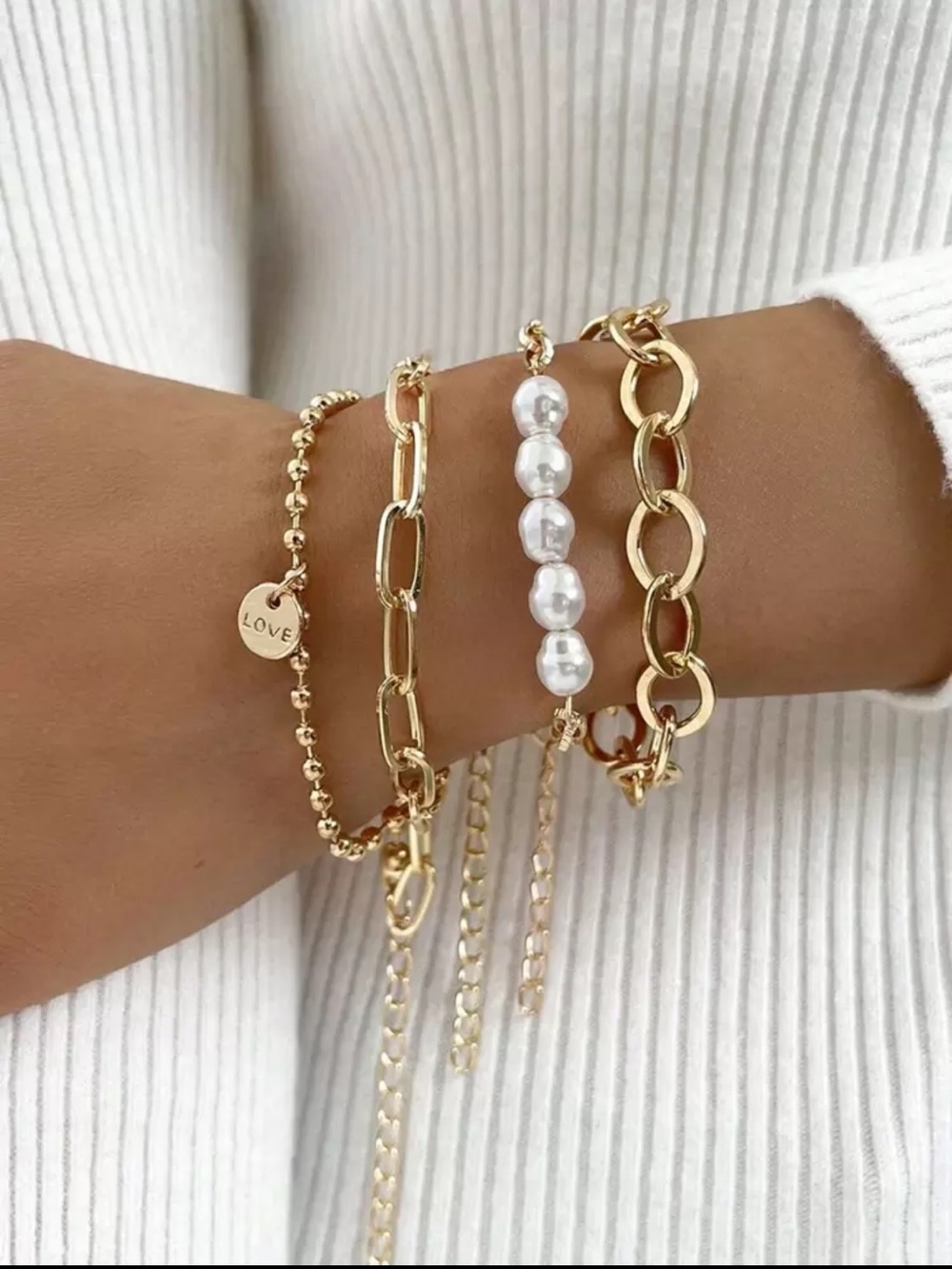 Gold Faux Pearl & Chain Bracelet Set - Women Jewelry